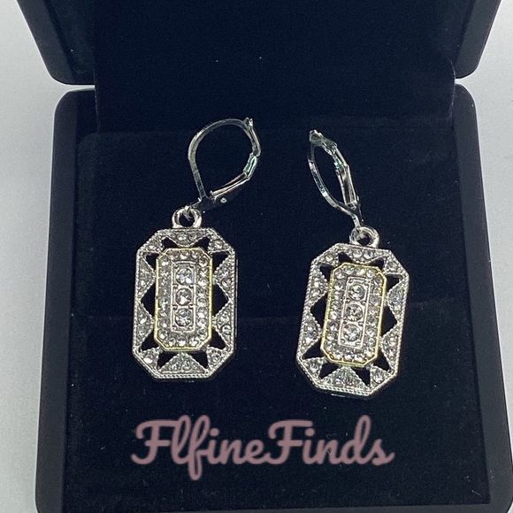 - 💖 Art deco Silver Tone  Diamond Pave geometric octagon drop earrings💖 - Picture 14 of 16